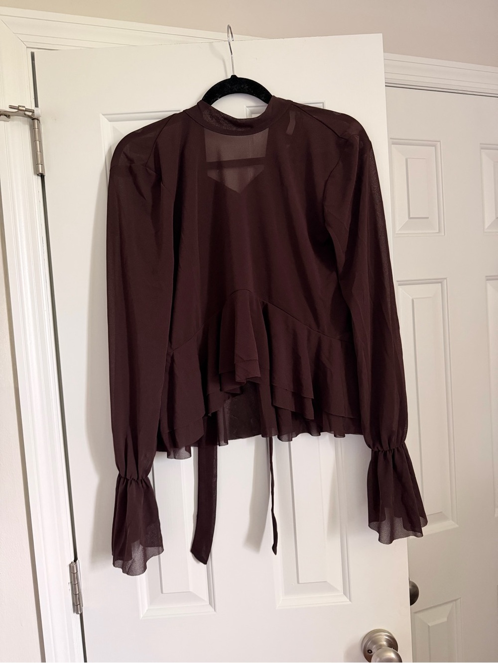 Zara Chocolate Brown Sheer Ruffle-Trim Blouse